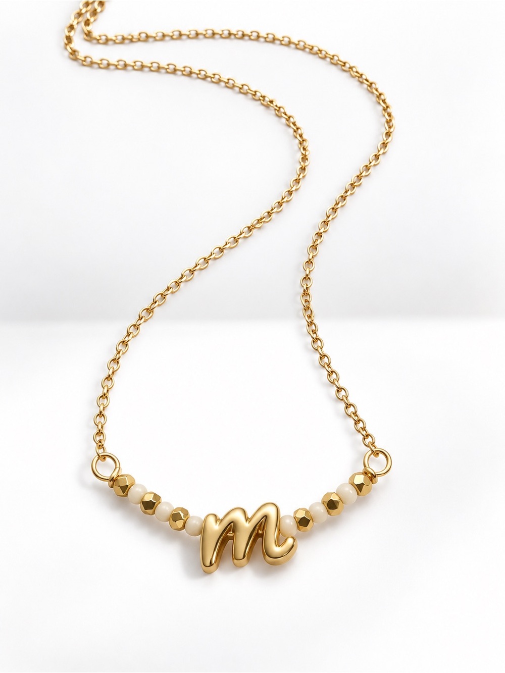 Gold Letter M Necklace White Jade Accents 18” Initial Necklace